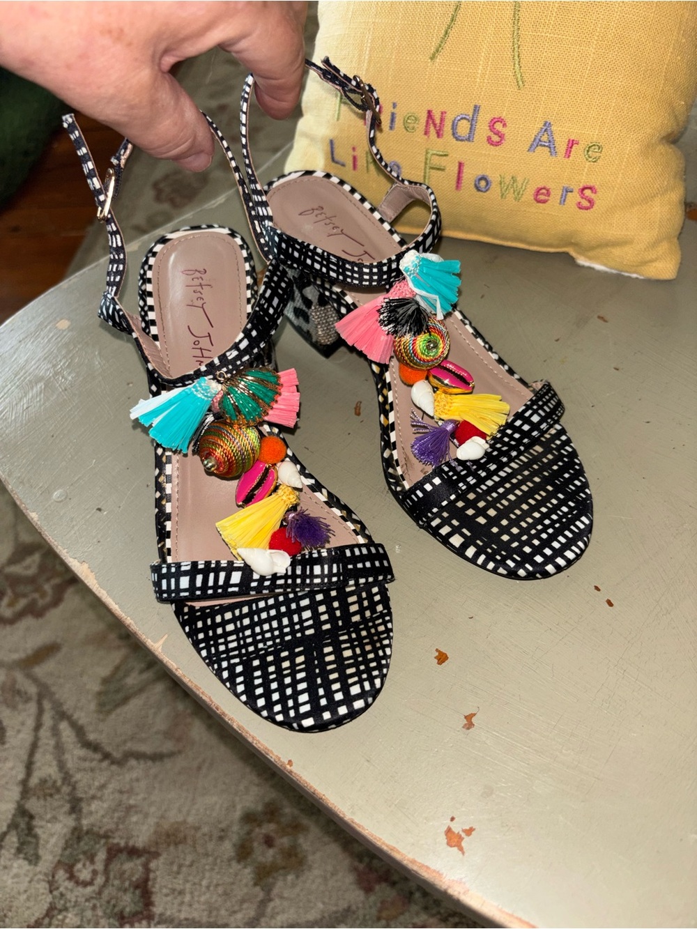 Betsey Johnson Black & White Patterned Slingback Sandals with Multicolor Tassels